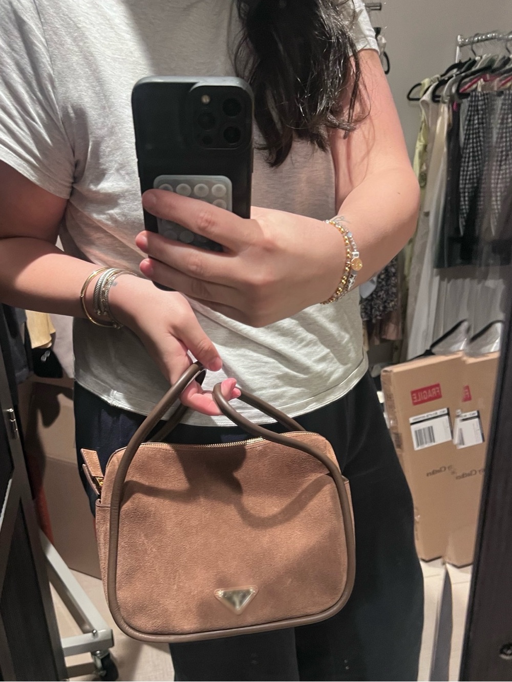 Brown Suede Top-Handle Women’s Bag